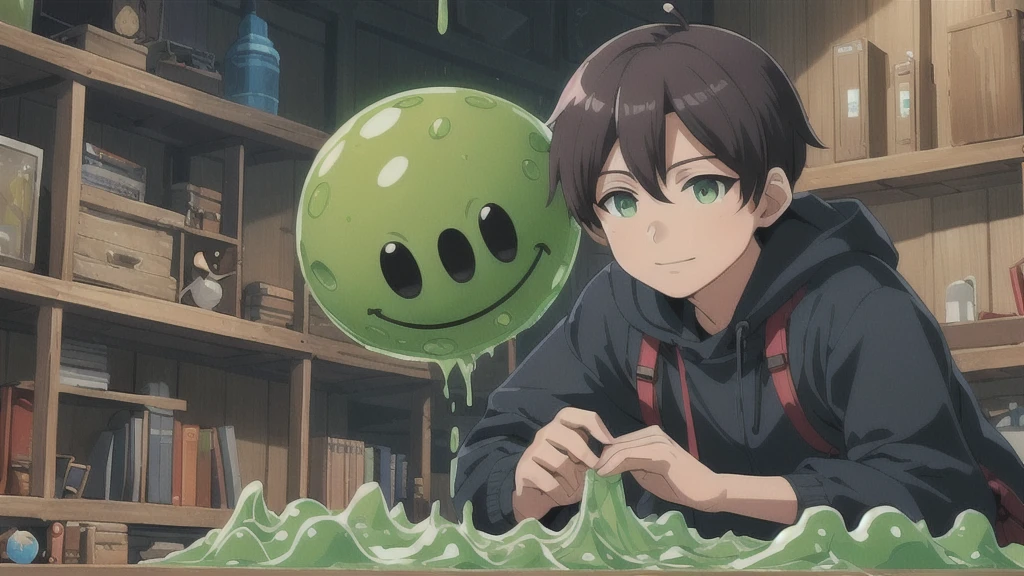 Close-up of a person holding a green object in front of a shelf, Slime, グリーンSlime everywhere, Official Artwork, Profile photo 1024px, Official Anime Artwork, ラディアントSlimeトレイル, Slimeモンスターと遊ぶ子供, Smooth anime CG art, グリーンSlime, Blob Anime, Official Art, anime key art, Anime Cover, safebooru anime images、smile