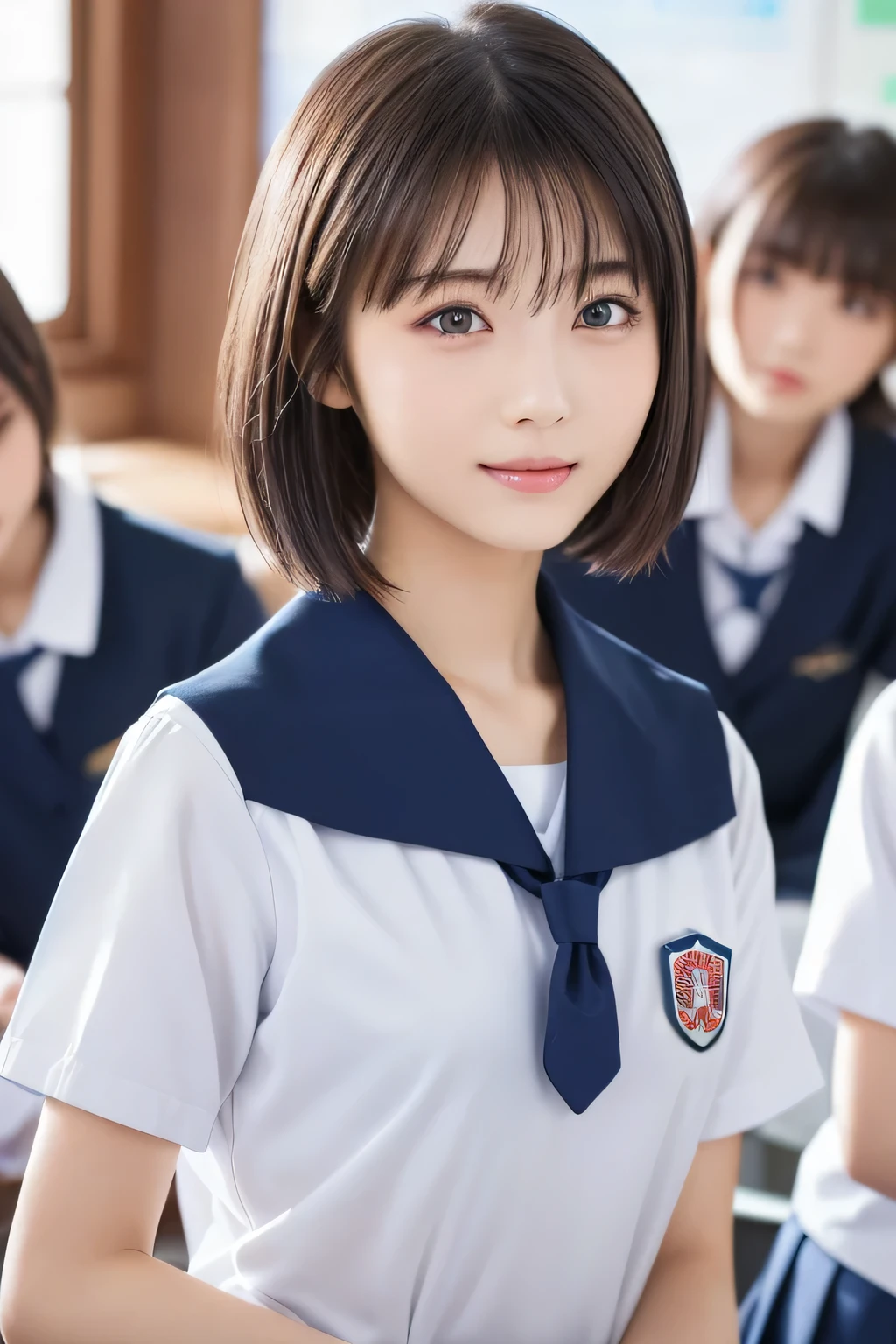 (Beautiful girl talking to a friend:1.4), 17 years old, (Highest quality:1.4), (Very detailed), (Very detailed美しい顔), Short sleeve, (school uniform:1.5), Great face and eyes, iris, Medium Bob Hair, The Beauty of Japan, (Skinny body type:1.1), (Flat Chest:1.3), smile, Open your mouth, (A few classmates behind me:1.4), Smooth, Very detailed CG synthesis 8k wallpaper, High-resolution RAW color photos, Professional photography, Light, BackLight, dream-like, impressive, Written boundary depth, (Face close-up:1.2), (Shooting from the side:1.3), BREAK(School classroom:1.3)