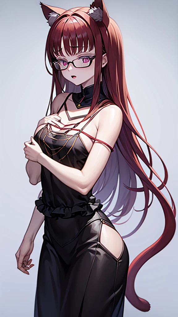A 20 year old female villain with long dark red hair, red cat eyes, chest with red cat ears, round glasses, black dress,