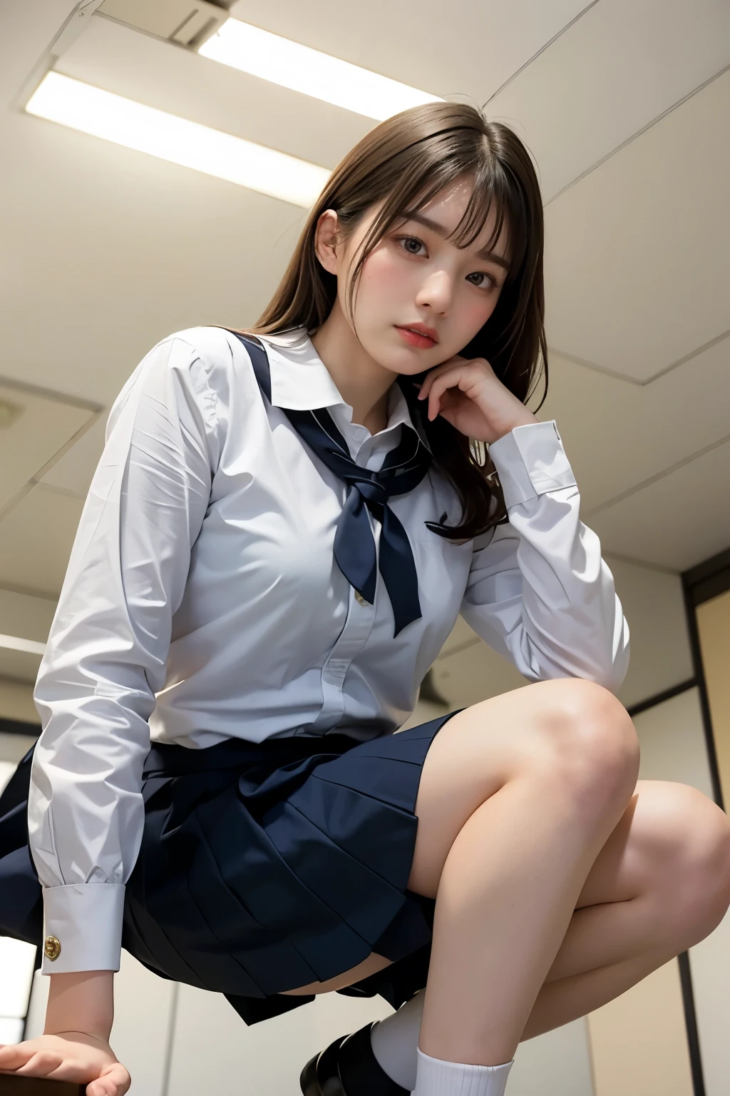 Masterpiece, bokeh, Beautiful (Japanese idle:1.6), (school uniform:1.3), squatting in classroom, (From below:1.6), 