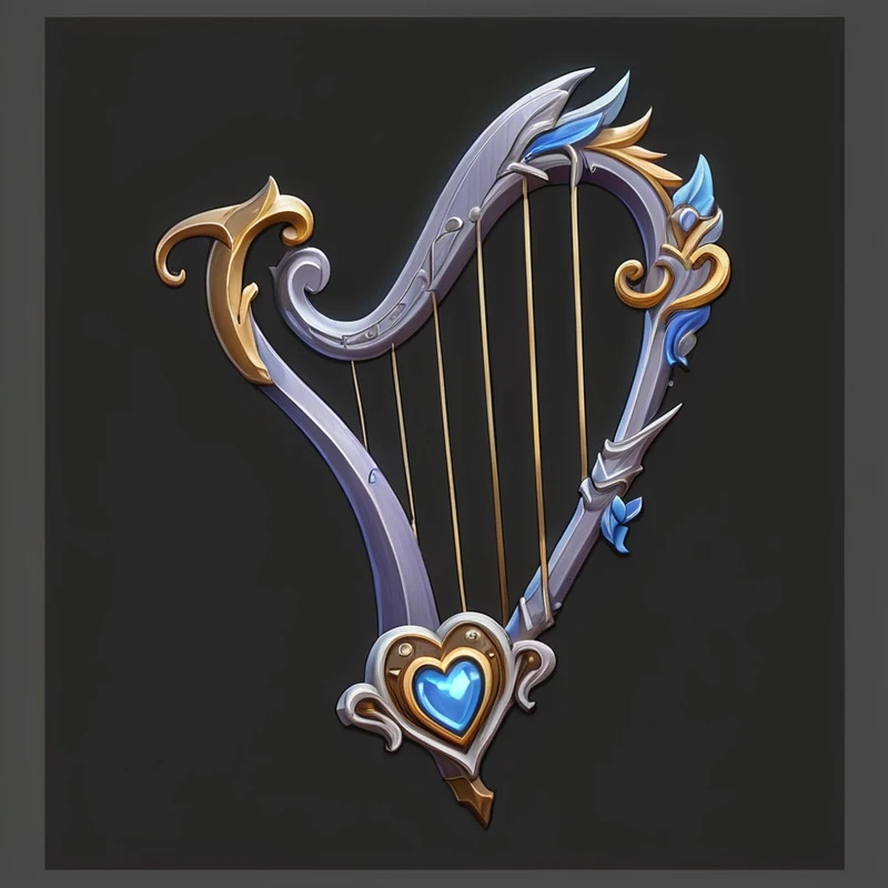 a close up of a harp with a heart on it, Hearthstone Weapon Art, harp, Heartstone original art style, (Fantasy Violin), Fantasy Violin, Role Playing Game Items, A long, delicate, ornate sickle, Fantasy RPG Weapon Art, Huge stylized shoulder armor, Fantasy weapons, Detailed game art, Guitar concept art, Fantasy Scythe, Game assets, Stylized game icons