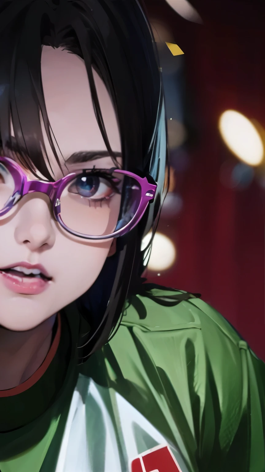 appearance: short dark brown hair with light blue tips, brown dark eyes, a mole below the right eye. fleshy lips, fine nose. Oval face, round glasses, black lipstick, 20 year old man wearing denim jacket, band blouse and a camera around the neck