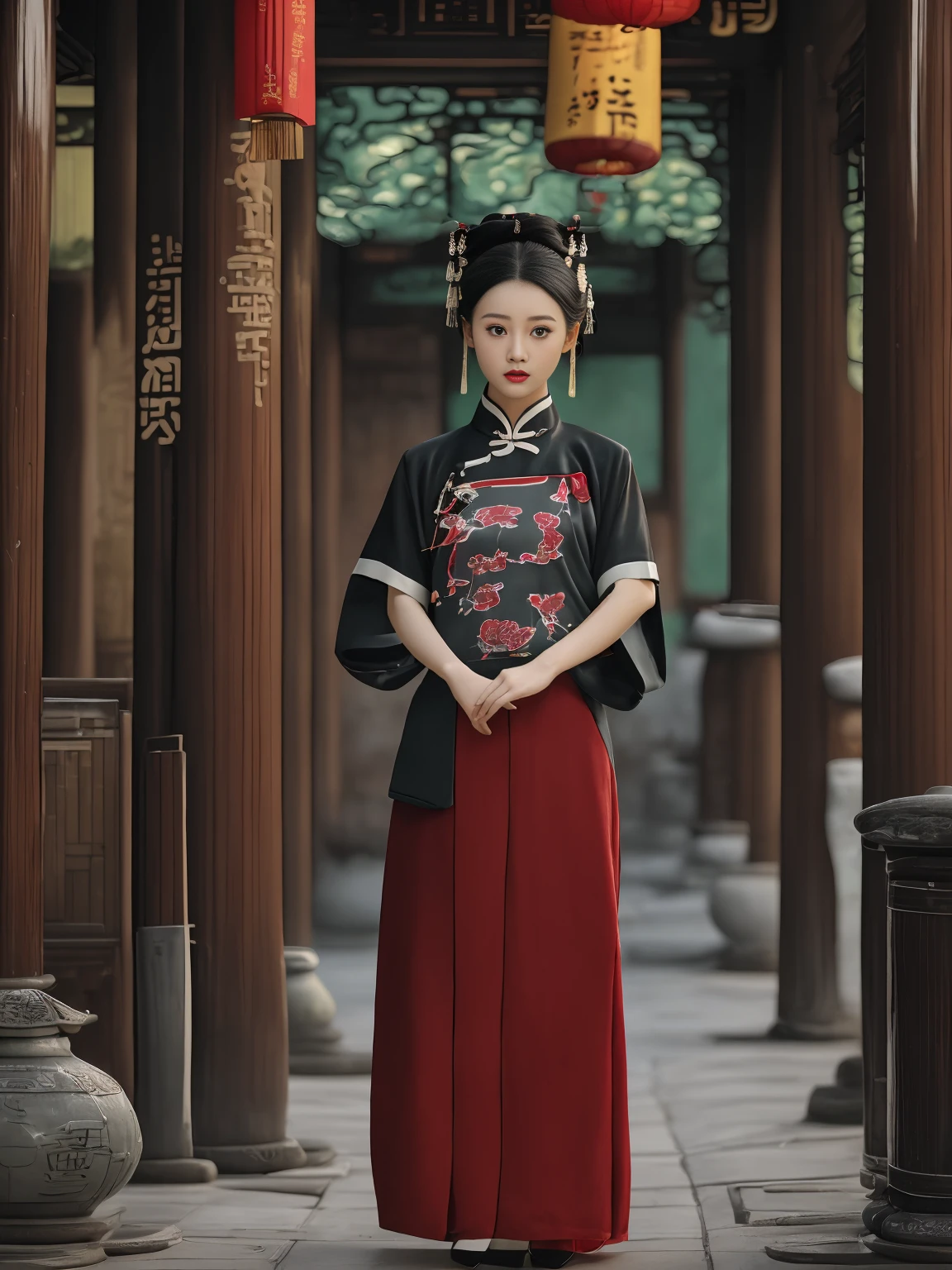 A cute Chinese girl in a modern interpretation of the hanfu, combining traditional elements with contemporary fashion. She's standing on a historic street with red lanterns and old-style architecture. The warm evening light highlights her playful expression and chic hairstyle, blending cultural heritage with modern allure.