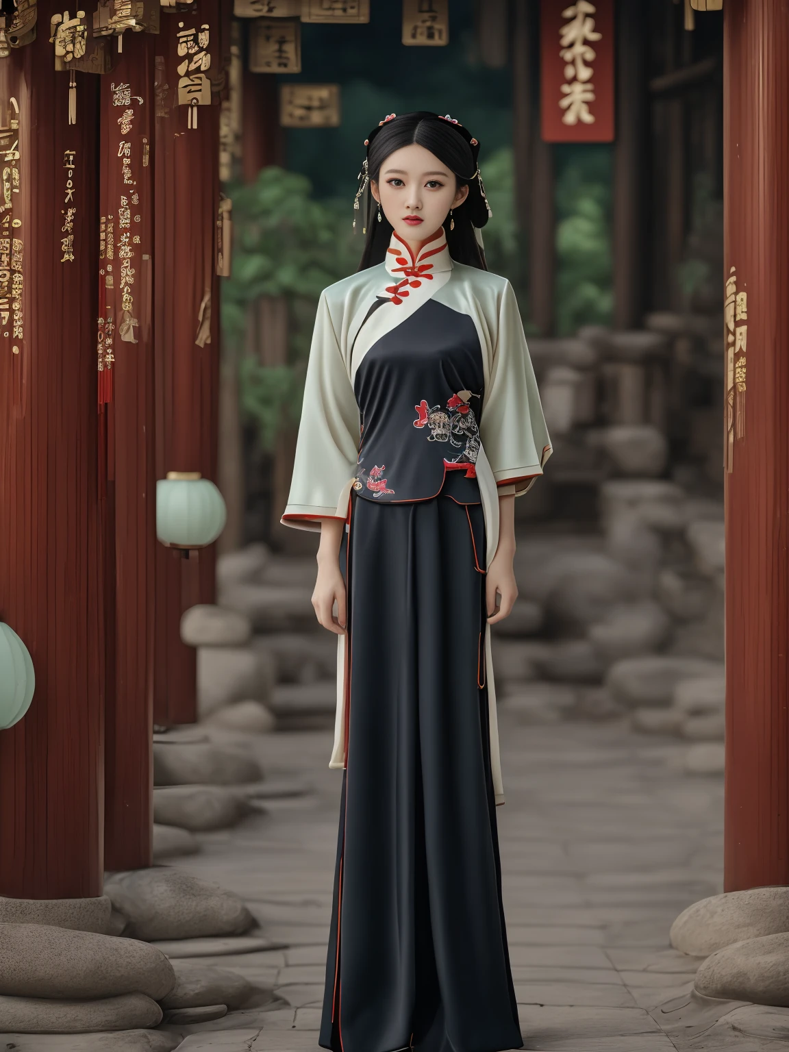 A cute Chinese girl in a modern interpretation of the hanfu, combining traditional elements with contemporary fashion. She's standing on a historic street with red lanterns and old-style architecture. The warm evening light highlights her playful expression and chic hairstyle, blending cultural heritage with modern allure.