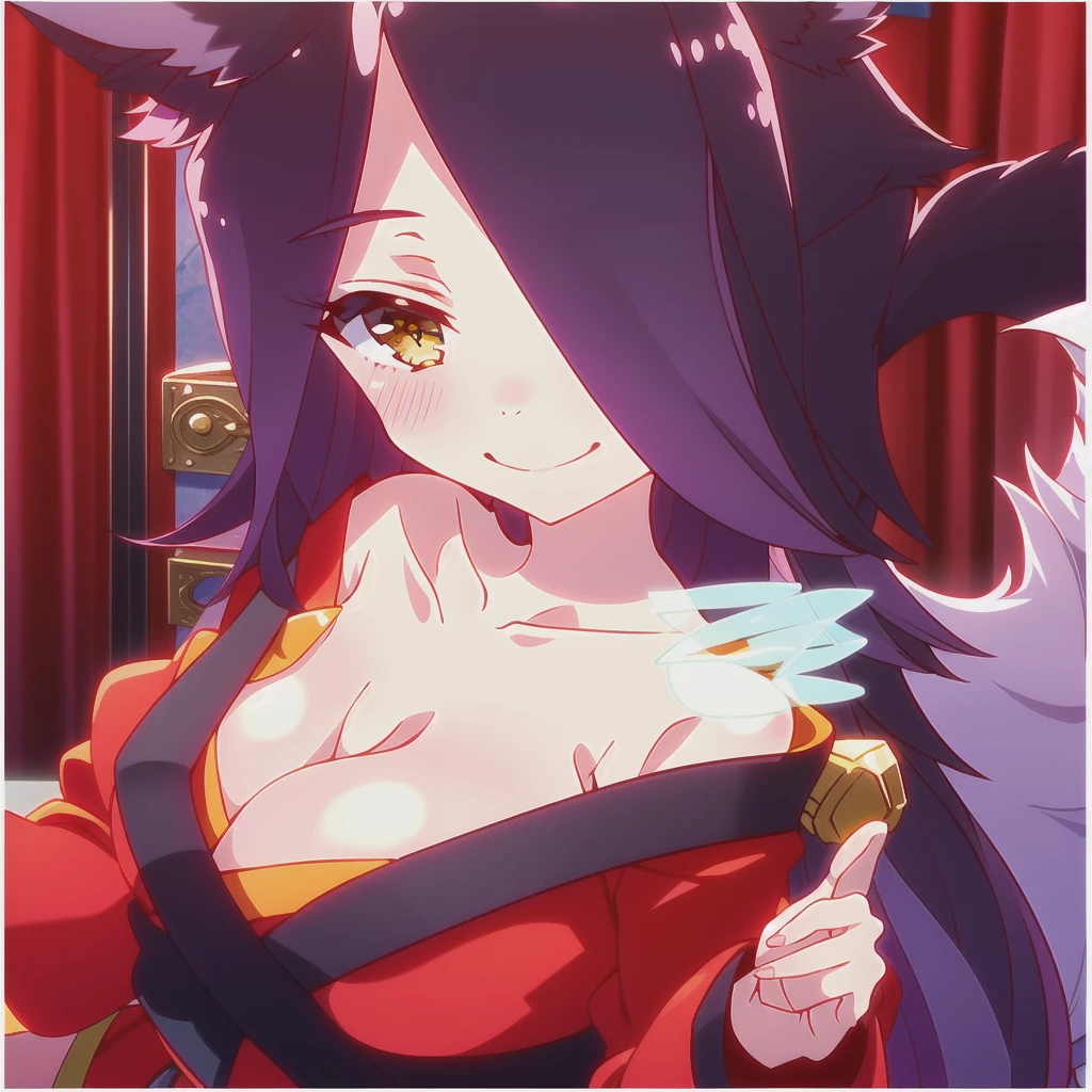 1girl, fox girl, fox ears, large breasts, mature, smile, looking at viewer, white background, yozora, purple hair, long hair, kimono, cleavage, strapless, sash, long sleeves,Lleva un kimono rojo y negro que deja al descubierto sus hombros y escot