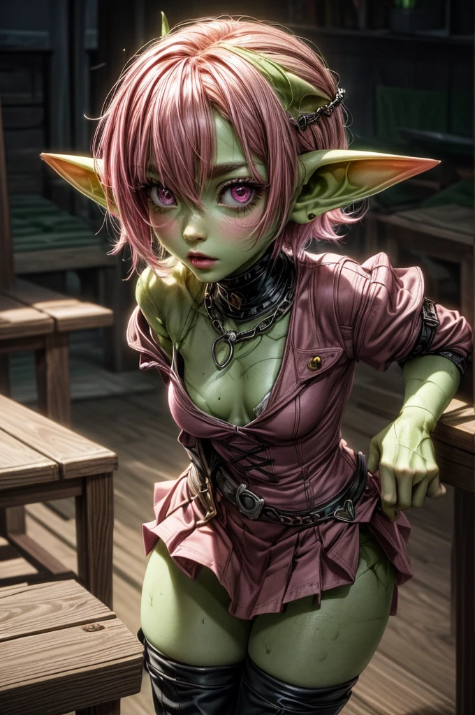 absurd resolution, ((best quality)), ((masterpiece)), (very detailed), 4k, goblin girl, short stature,short pink hair, wearing microskirt, wearing chains, pink eye makeup, ripped fishnets, ((green skin)), small pointy ears, thigh boots,