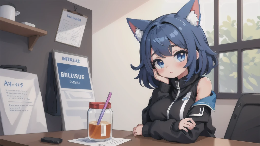 (Masterpiece) (High Detail) (High Res) A close up of a short little slim humanoid girl with pale human skin and blue eyes and long blue hair and blue dog ears and a fluffy blue dog tail and average breasts. She is in a radio studio and is speaking into a microphone whilst holding a cup of coffee. She is wearing a warm sweater and has a pair of headphones on. She is chuckling.