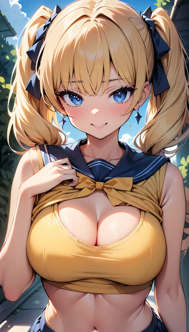 (highest quality, 4k, masterpiece :1.3), Beautiful woman, 1 girl, (chest, attractive body :1.2), JK:1.1, blonde twintails: 1.1, sailor suit, fine eyes, double eyelid