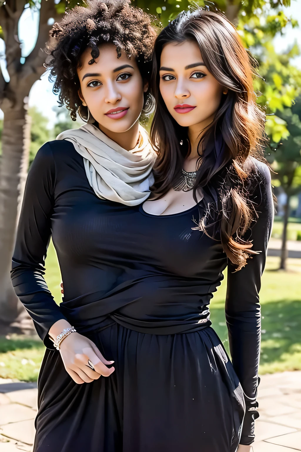 2heads, female couple, age 28, two heads on one body, one torso, hipsters, middle eastern, curly hair, casual clothes, in the park