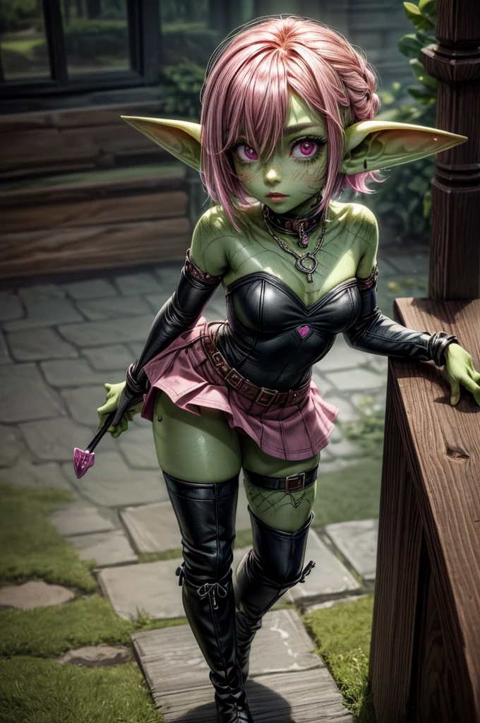absurd resolution, ((best quality)), ((masterpiece)), (very detailed), 4k, goblin girl, short stature,short pink hair, wearing microskirt, wearing chains, pink eye makeup, ripped fishnets, ((green skin)), small pointy ears, thigh boots,