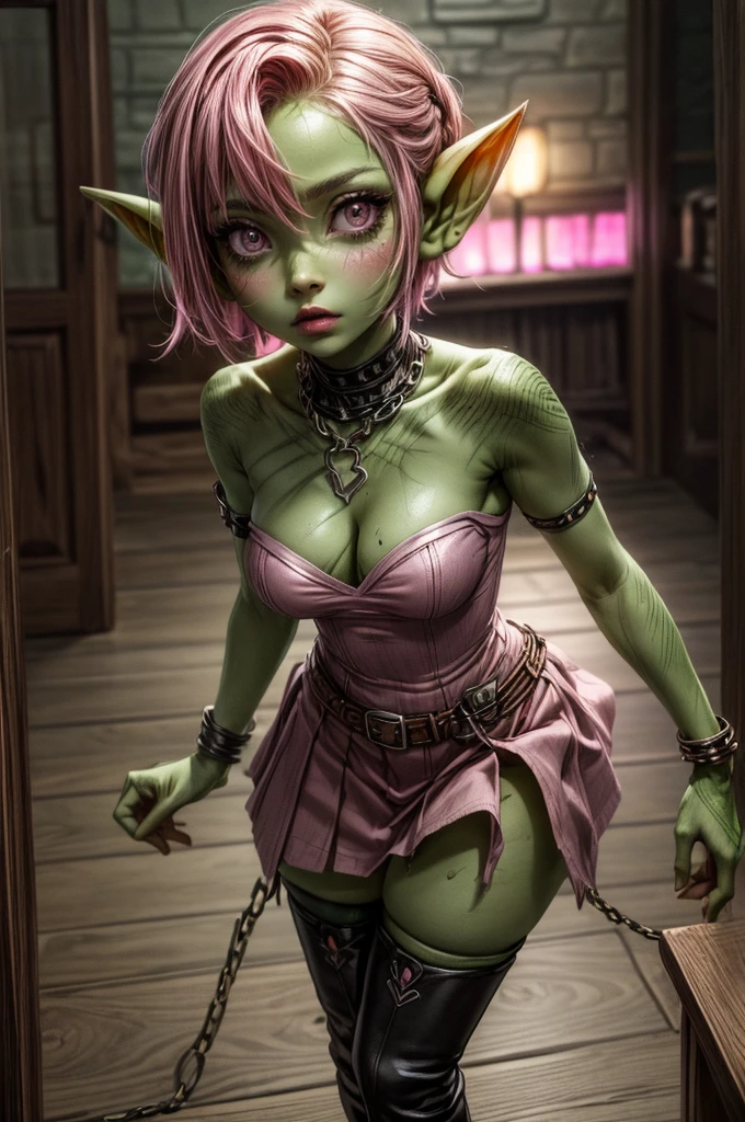 absurd resolution, ((best quality)), ((masterpiece)), (very detailed), 4k, goblin girl, short stature,short pink hair, wearing microskirt, wearing chains, pink eye makeup, ripped fishnets, ((green skin)), small pointy ears, thigh boots,