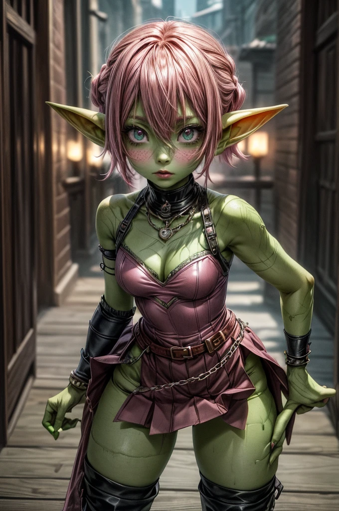 absurd resolution, ((best quality)), ((masterpiece)), (very detailed), 4k, goblin girl, short stature,short pink hair, wearing microskirt, wearing chains, pink eye makeup, ripped fishnets, ((green skin)), small pointy ears, thigh boots,