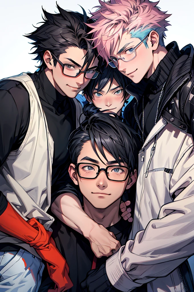 Masterpiece, best work, anime style, 3boys, in their 19-20 years old, smiling at the camera, stylish clothing, each different hairstyles and colors, hot, well drawn detailed eyes, 1boy shy expression with glasses, 1boy confident, 1boy happy,