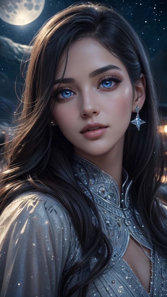 beautiful woman asking for a kiss, 1 girl, beautiful detailed eyes, beautiful detailed lips, extremely detailed face and eyes, long eyelashes, starry night sky, full moon, moonlight, realistic, photorealistic, 8k, highres, best quality, ultra-detailed, vivid colors, masterpiece, cinematic lighting
