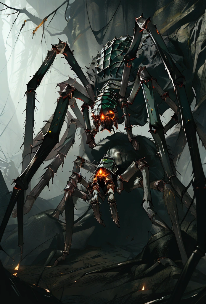 Giant furry spider, large cave, giant cave, dark cave, intricate, unreal engine, cinematic lighting, dark and gloomy, scary caverns, giant pit, action shot, carnal, Arachnomorph, green eyes, multiple eyes, runic figures, giant spider, swarm of spiders, giant cavern, dark area, foggy, camoflauge, stealthy, green runes, green magic, giant spider boss