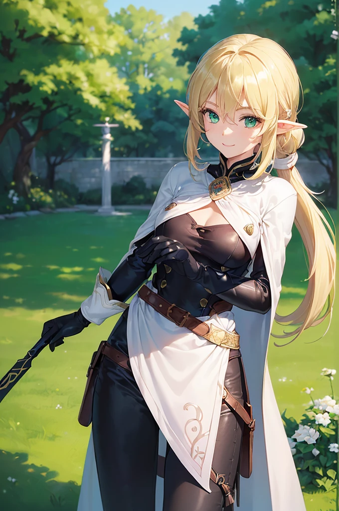 (((masterpiece; best quality: 1.2))), (finely detailed eyes: 1.3), (25 year old elf woman), (solo), (green eyes: 1.4), (body; buxom, fit, femenine: 1.3), (silky blonde hair in low ponytail: 1.3), (beautiful and clear background: 1.2), ((depth of field)), (equipment: adventurer attire + modest + long black tunic + white cape + black pants + gloves + belt + pouches: 1.3), (anime illustration: 1.2), (background composition; royal garden: 1.1), (extremely fine and beautiful: 1.1), (shot composition; standing + centered on torso + close-up: 1.5), (expression; calm, smile: 1.2)