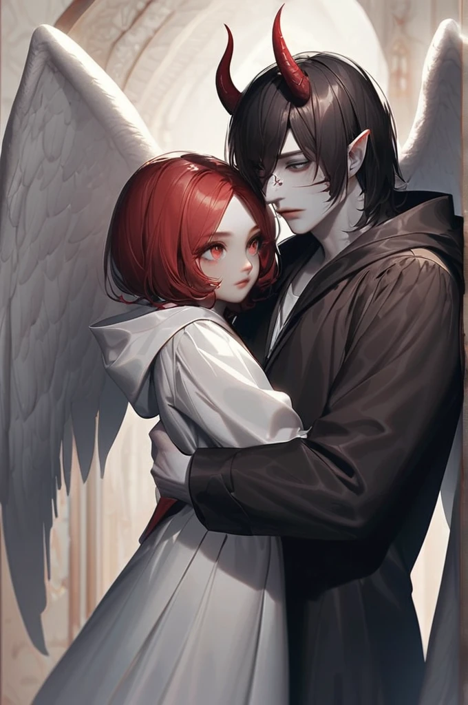 ((Лучшее качество)), ((шедевр)), (подробный), 1 guy, 1 girl, guy, dark hair, bright red eyes, demonic eyes,dark tattoos under the eyes, tattoo on the face, pale skin, two seven-pointed horns, demonic horns, dark hooded robe, hood on the head,kissing girl, girl, red hair, short thin hair, lips, gray eyes, shiny eyes, jewelry, white dress, angel wings, huge angel wings, hugs a guy to himself, in two,