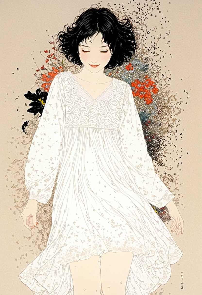 Line art、virgin、Splattered、Crazy Smile、Falling Flowers、takato yamamoto style、face、Flower Art、White Dress