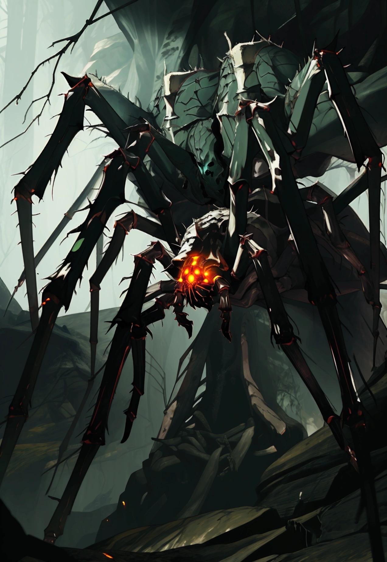 Giant furry spider, large cave, giant cave, dark cave, intricate, unreal engine, cinematic lighting, dark and gloomy, scary caverns, giant pit, action shot, carnal, Arachnomorph, green eyes, multiple eyes, runic figures, giant spider, swarm of spiders, giant cavern, dark area, foggy, camoflauge, stealthy, green runes, green magic, giant spider boss