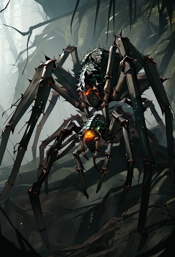 Giant furry spider, large cave, giant cave, dark cave, intricate, unreal engine, cinematic lighting, dark and gloomy, scary caverns, giant pit, action shot, carnal, Arachnomorph, green eyes, multiple eyes, runic figures, giant spider, swarm of spiders, giant cavern, dark area, foggy, camoflauge, stealthy, green runes, green magic, giant spider boss