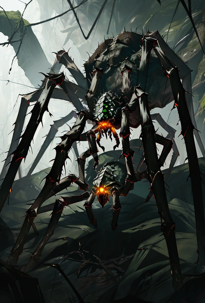 Giant furry spider, large cave, giant cave, dark cave, intricate, unreal engine, cinematic lighting, dark and gloomy, scary caverns, giant pit, action shot, carnal, Arachnomorph, green eyes, multiple eyes, runic figures, giant spider, swarm of spiders, giant cavern, dark area, foggy, camoflauge, stealthy, green runes, green magic, giant spider boss