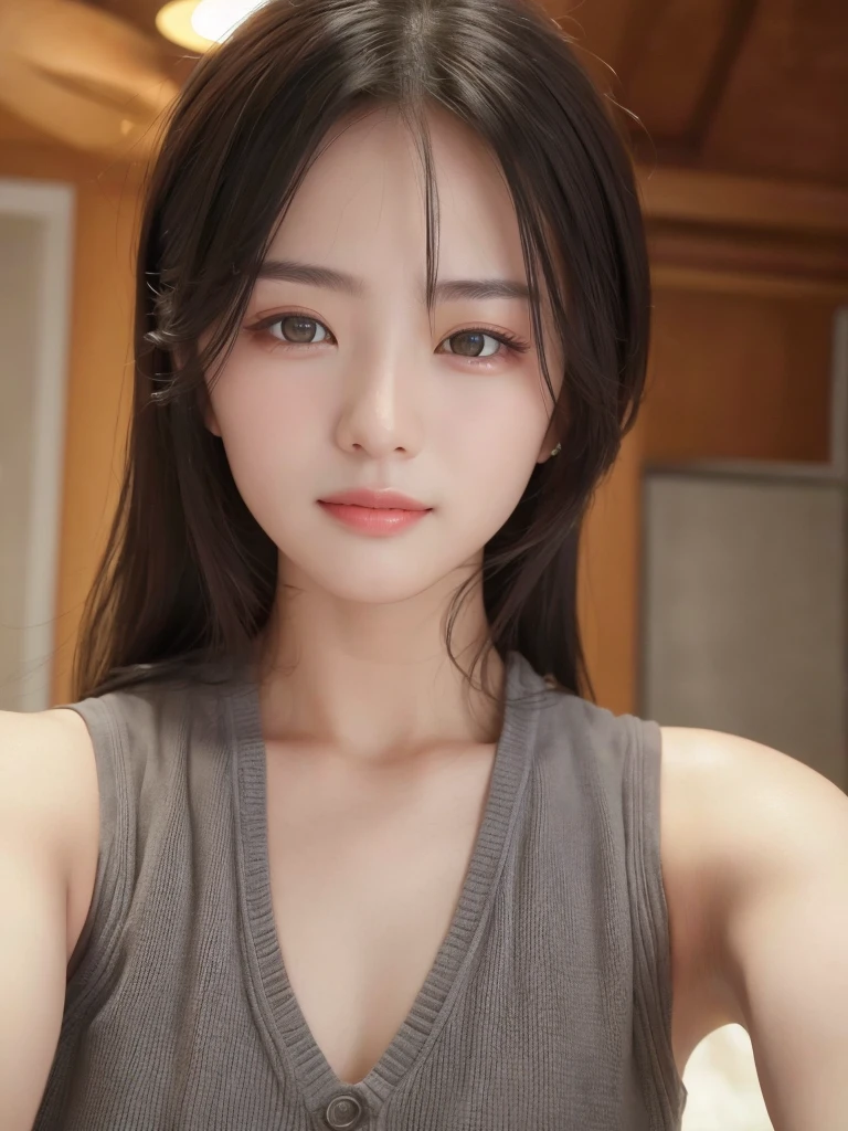 (Realist、high resolution:1.3)、Beauty、中国Beauty，Atmospheric、Vest:1 piece（random color）.2、bust，close up，Selfie，Look directly into the camera，Straight teeth，