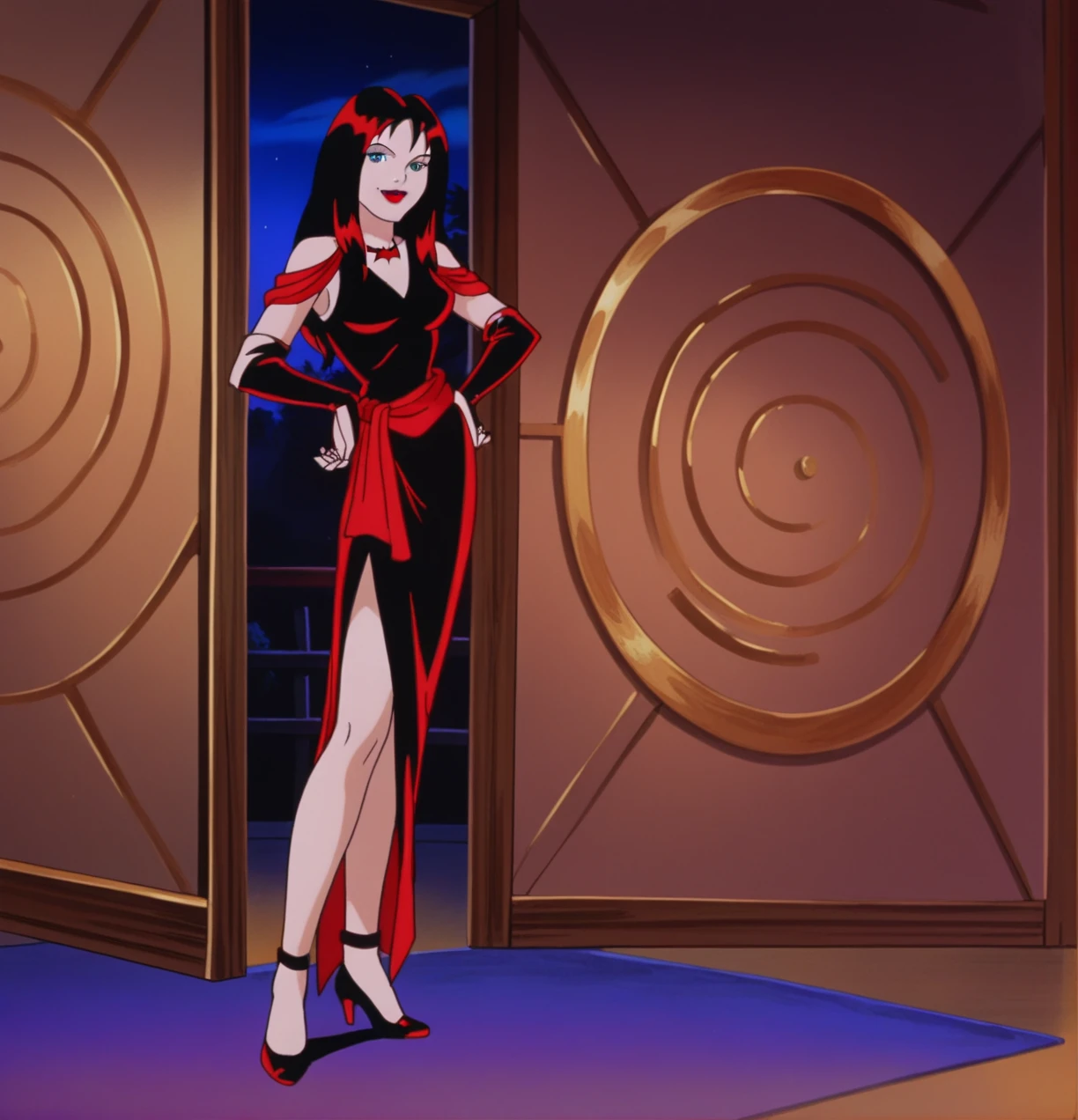 score_9, score_8_up, score_7_up, zPDXL, Thornhex, black hair, red highlights , SD90style, retro artstyle, source_cartoon, 2D, 1girl, red nails, blue eyes, red lips, black dress, long hair, looking at viewer, breasts, lipstick, makeup, full_ body, smile, hand on hip