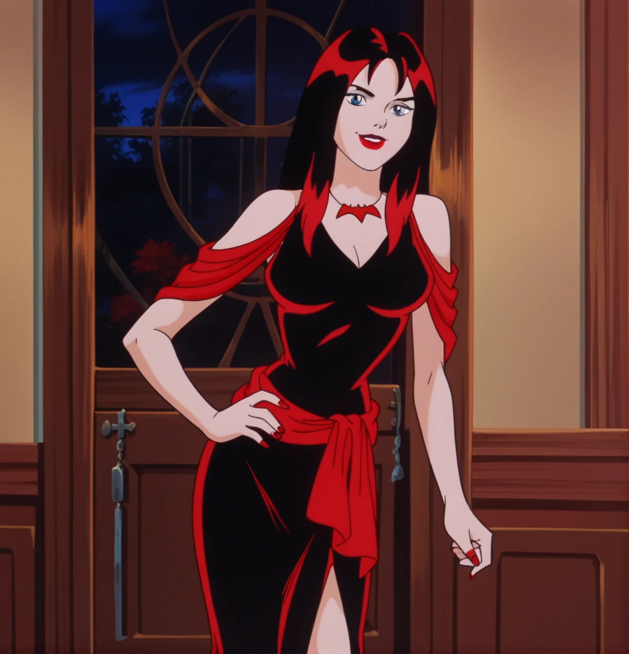 score_9, score_8_up, score_7_up, zPDXL, Thornhex, black hair, red highlights , SD90style, retro artstyle, source_cartoon, 2D, 1girl, red nails, blue eyes, red lips, black dress, long hair, looking at viewer, breasts, lipstick, makeup, full_ body, smile, hand on hip