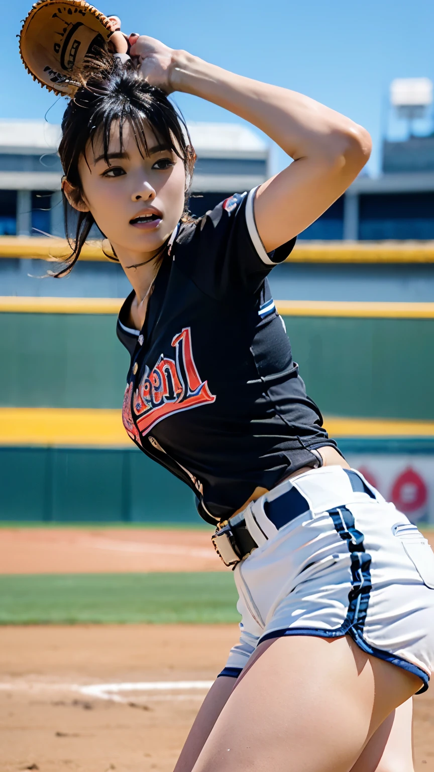 Female Baseball Players、Baseball bat、Baseball uniforms、Helmet/Baseball cap、Jockstrap/Undershirt/Shorts、gloves/Baseball Mitts、(Highest quality、4K、8K、High resolution、masterpiece:1.2)、Super detailed、(Real、Photorealistic、Photorealistic:1.37)、Detailed portrait、Highly detailed face、Intricate details、Dynamic action poses、Cinematic lighting、Bright colors、Sports action scene、Warm colors、Chiaroscuro Lighting、Dramatic Shadows、Photorealisticなレンダリング