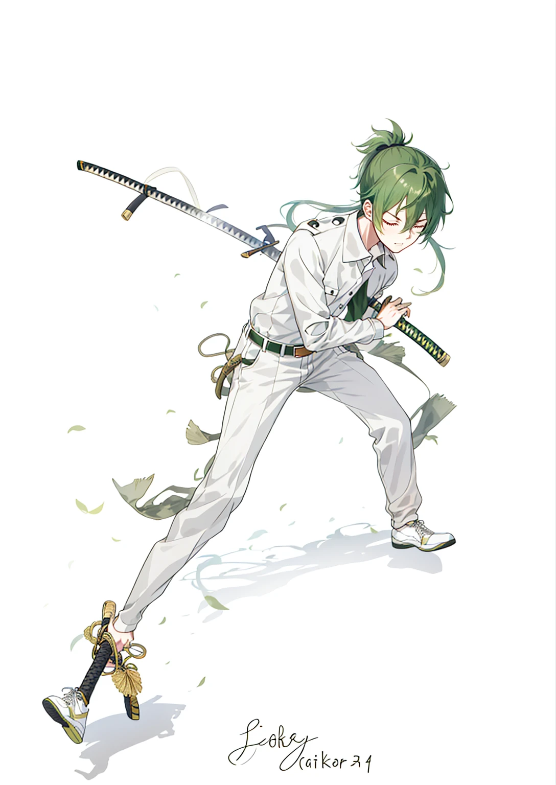 1 boy, 27 years old, full body, hair between eyes, dark green hair, Lower ponytail, collared shirt, slacks, safari jacket, closed eyes, katana, iai,