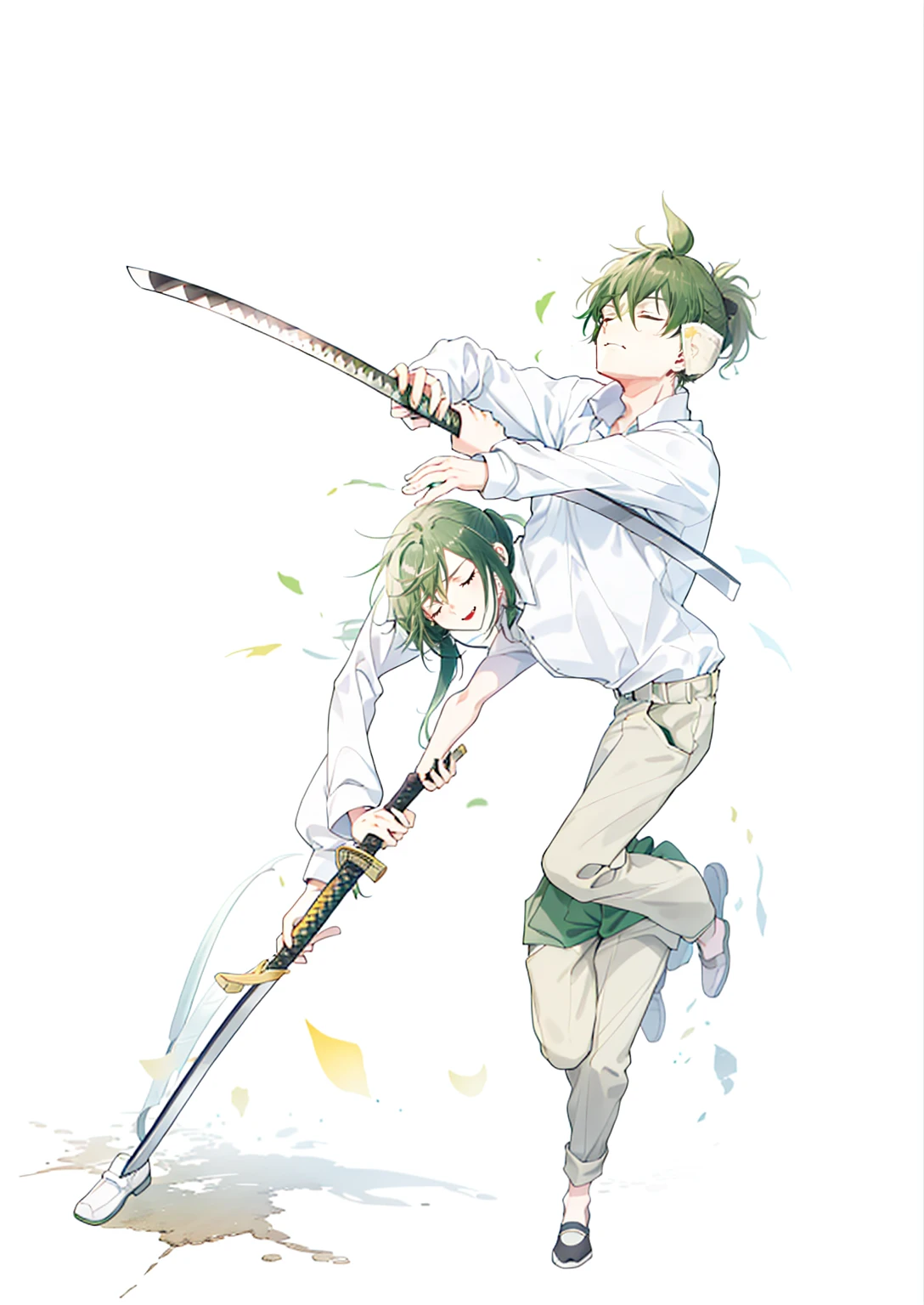 1 boy, 27 years old, full body, hair between eyes, dark green hair, Lower ponytail, collared shirt, slacks, safari jacket, closed eyes, katana, iai,