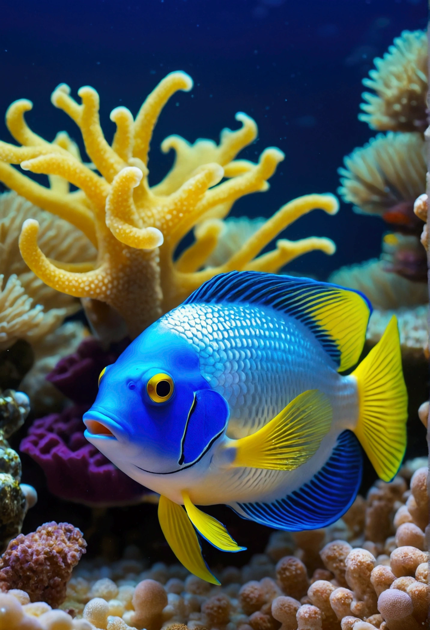 Beautiful sea pearl next to blue and yellow fish 