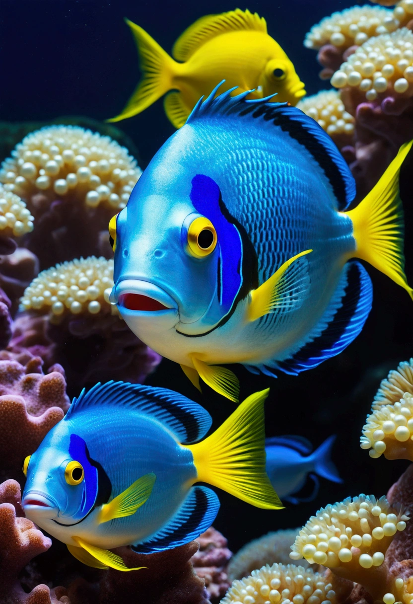 Beautiful sea pearl next to blue and yellow fish