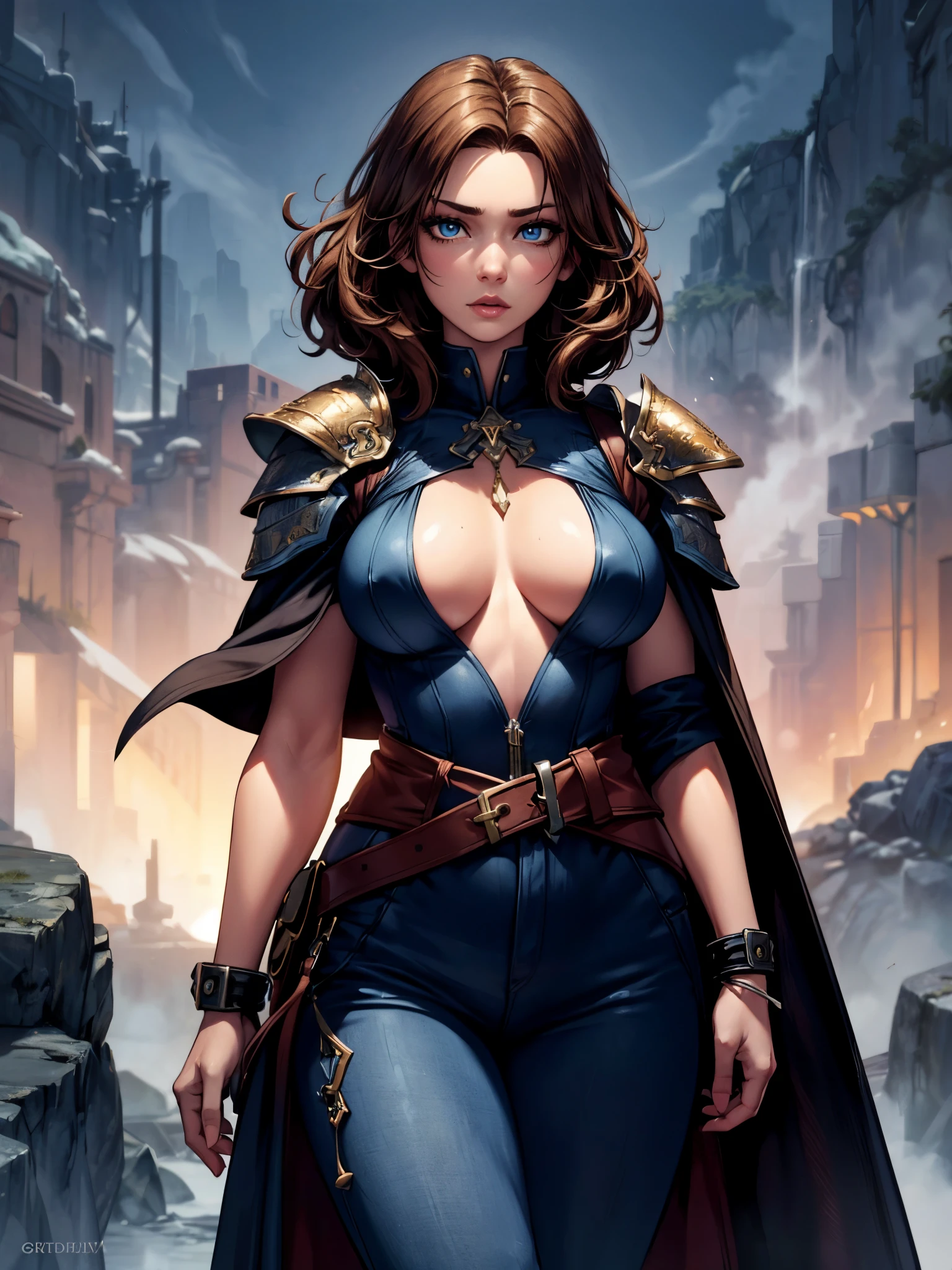 8K,Female adventurer from another world,Super beautiful(like the real thing),Adult woman in leather armor,brown hair,blue eyes,A long, large sword hangs from his waist,Brown combat trousers,dagger on waist,Walking in mountainous areas,perfect face,Perfect hand shape,Charm,Volume measurement,Body balance,超High resolution,super realistic skin,Digital single-lens reflex camera, soft lighting, high quality, highly detailed face, highly detailed eyes, highly detailed skin, skin, Scattered beneath the surface, highly detailed face, highly detailed eyes, beautiful expression, lip whole, detailed background, Depth of the bounds written, big breasts、volume lighting, sharp focus, absurd, realistic proportions, excellent anatomy, (realistic, 超realistic:1.4), 16K HDR, dawn,big breasts,High resolution,super realistic skin,super beautiful expression,fantasy art,character art,dynamic pose,Makeup,brown cloak,Carrying large luggage on your back,
sultry look, seductive,