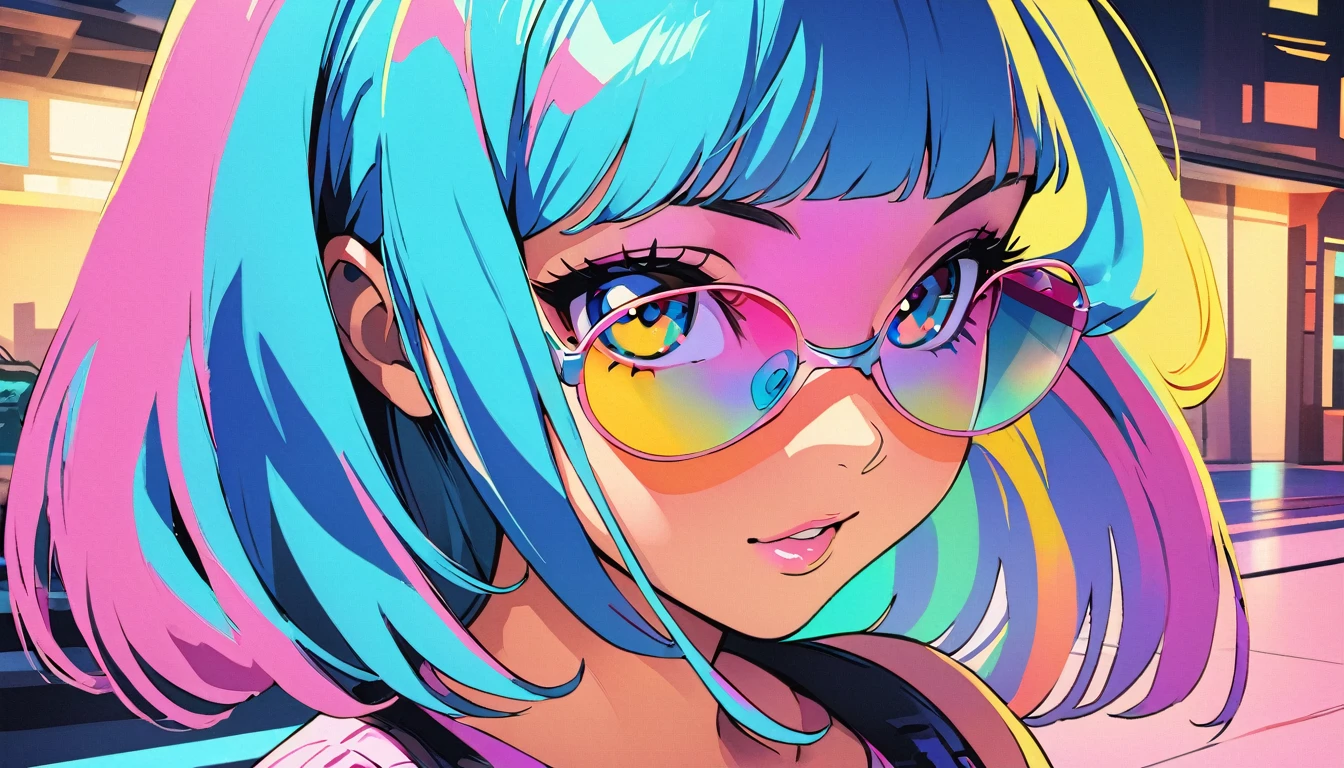 (highest quality:1.2, City Pop Style, Very detailed, up to date, Vibrant, High Contrast, masterpiece:1.2, highest quality, Best aesthetics), girl, Colorful hair, Bobcut, pastel colour, 1980s style, ((The metropolis of the future, Retro, Vintage)), Logo jumper, (sunglasses).sexy