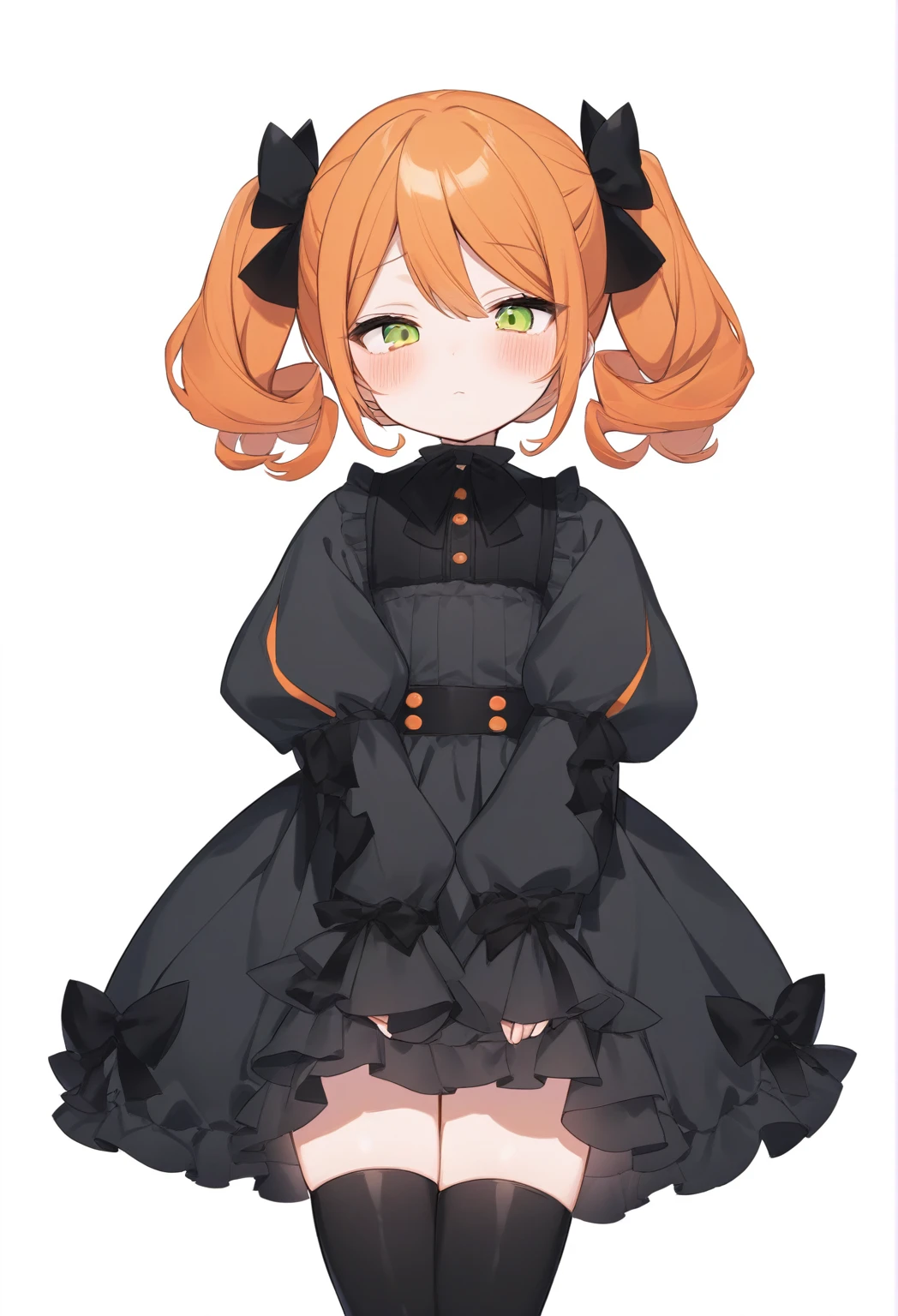 Cute girl, bright orange and dark black, thigh-high socks, gothic style, small bust, witch's clothes, simple background, front view, cowboy shot, standing, {{{{blushing}}}}, expressionless, {{****}}, orange hair, yellow-green eyes