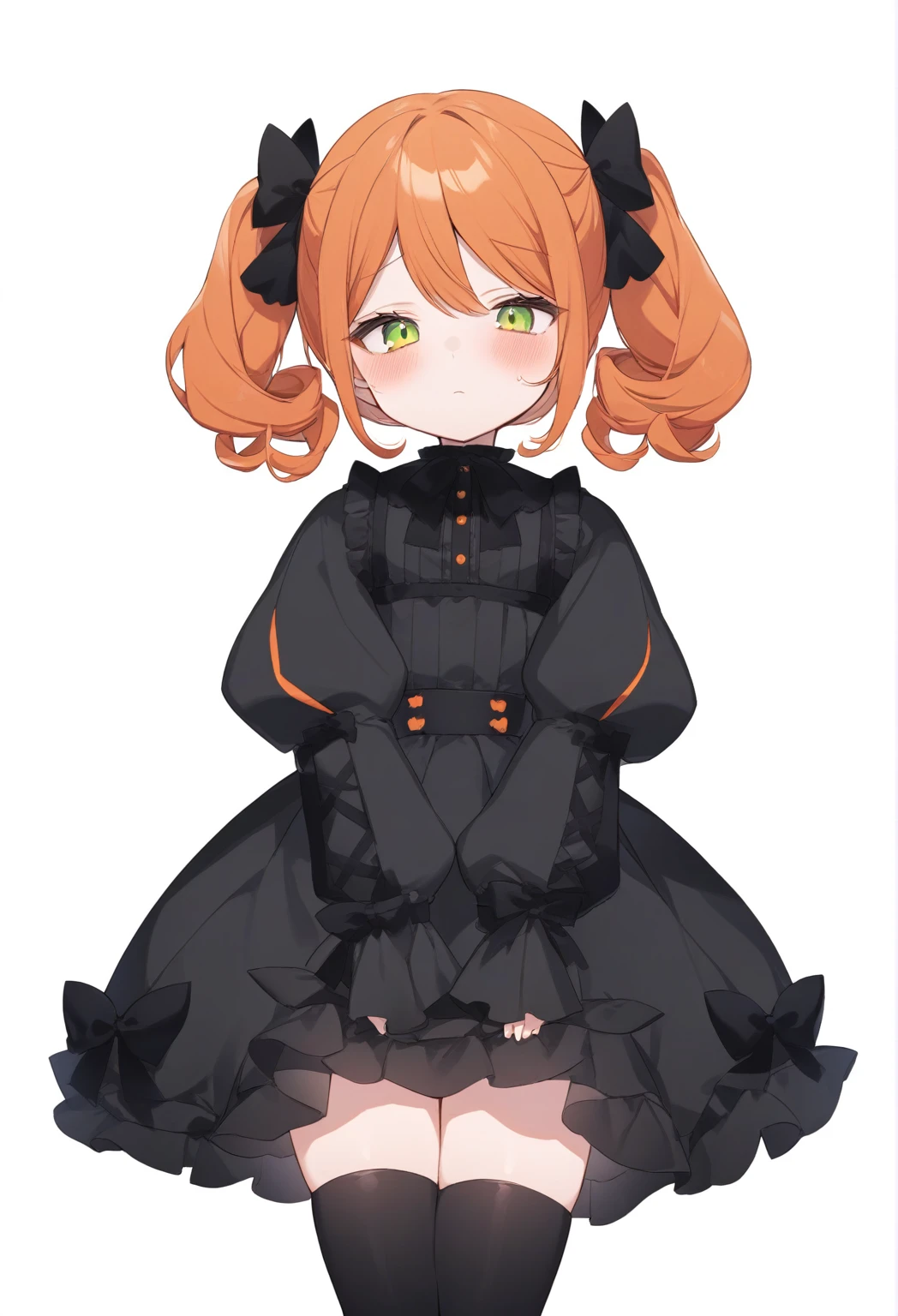 Cute girl, bright orange and dark black, thigh-high socks, gothic style, small bust, witch's clothes, simple background, front view, cowboy shot, standing, {{{{blushing}}}}, expressionless, {{loli}}, orange hair, yellow-green eyes