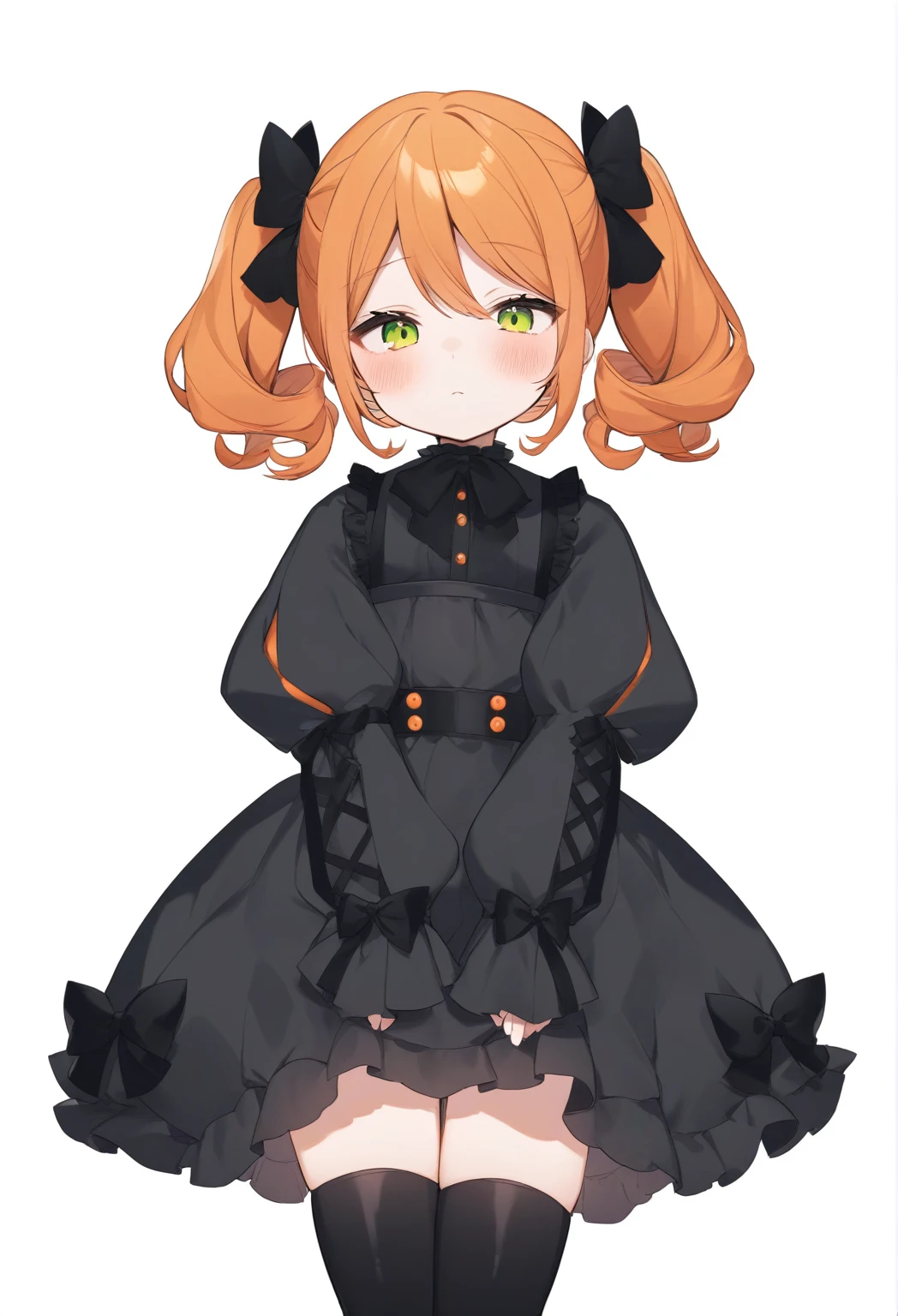 Cute girl, bright orange and dark black, thigh-high socks, gothic style, small bust, witch's clothes, simple background, front view, cowboy shot, standing, {{{{blushing}}}}, expressionless, {{****}}, orange hair, yellow-green eyes