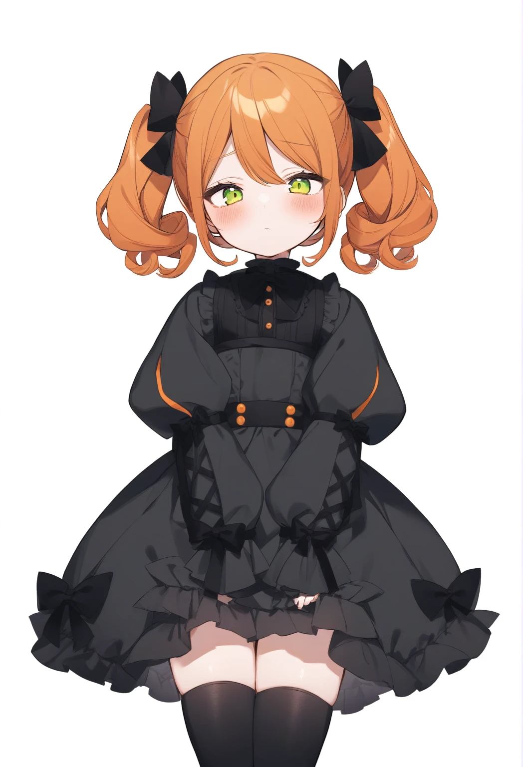 Cute girl, bright orange and dark black, thigh-high socks, gothic style, small bust, witch's clothes, simple background, front view, cowboy shot, standing, {{{{blushing}}}}, expressionless, {{****}}, orange hair, yellow-green eyes