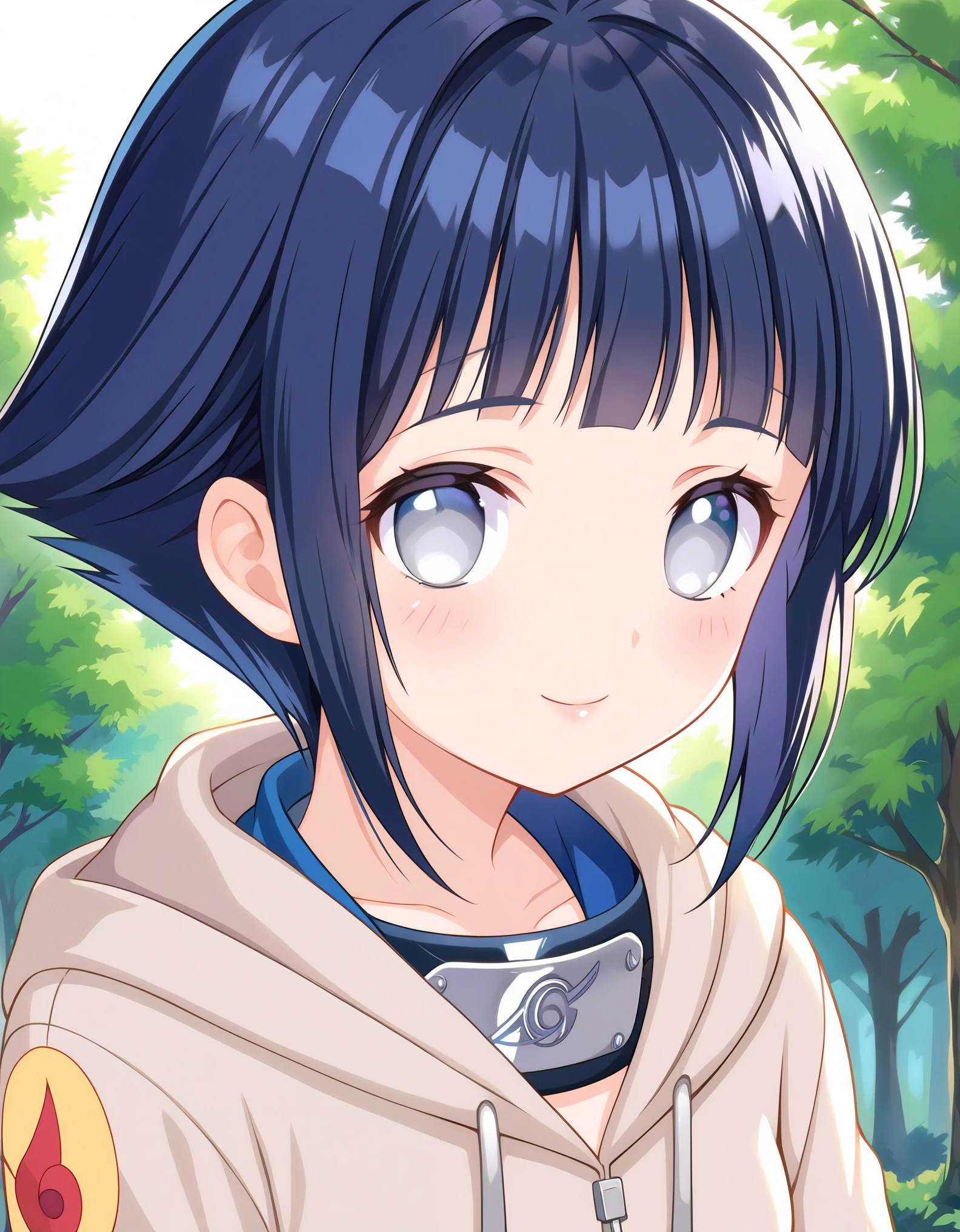 score_9, score_8_up,source_anime, short hair, dark blue hair, no pupils, 1girl, blunt bangs, shiny hair, grey eyes, hoodie, solo, hood down,, looking at viewer, blush, smile,konohagakure symbol, forehead protector,portrait, close up, outdoors, forest, anime screencap, anime coloring,