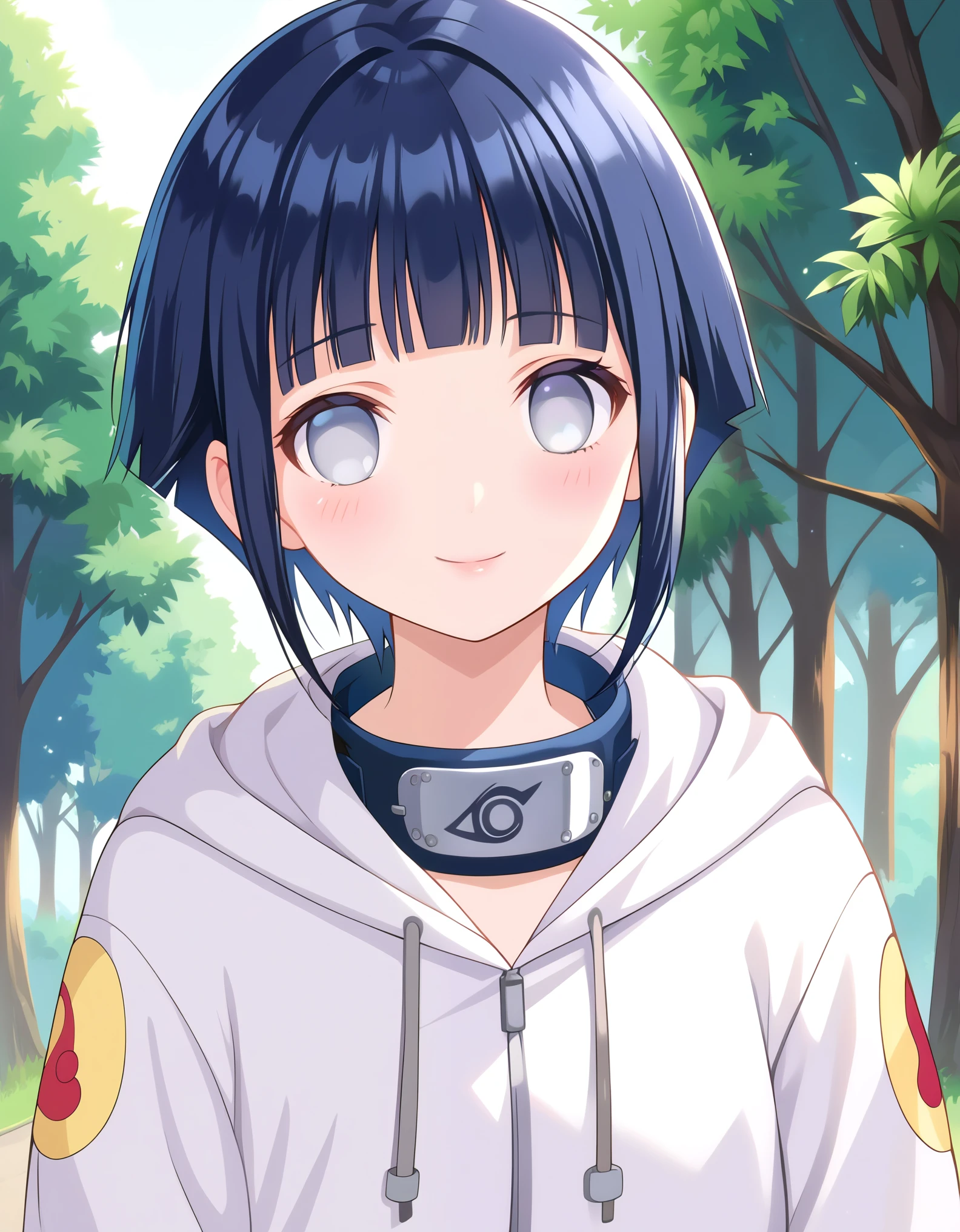 score_9, score_8_up,source_anime, short hair, dark blue hair, no pupils, 1girl, blunt bangs, shiny hair, grey eyes, hoodie, solo, hood down,, looking at viewer, blush, smile,konohagakure symbol, forehead protector,portrait, close up, outdoors, forest, anime screencap, anime coloring,