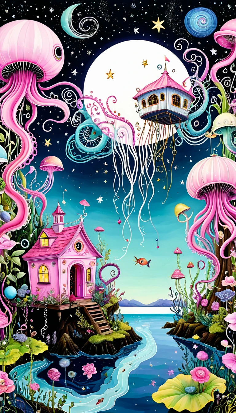 &quot;Dick Ellescas Artist Style&quot;，birdcage，Music Box，plant，Tentacles，Eye、Starry Sky，Stitching together an abstract painting，Describing the inner world of autistic people，Sense of space，White Space，interesting，Innocence，Psychedelic Art，Pink theme