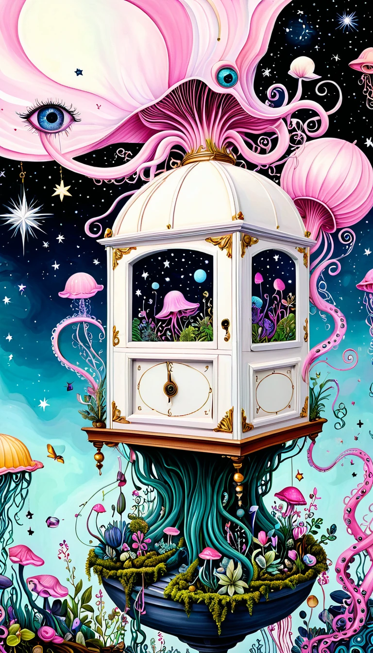 &quot;Dick Ellescas Artist Style&quot;，birdcage，Music Box，plant，Tentacles，Eye、Starry Sky，Stitching together an abstract painting，Describing the inner world of autistic people，Sense of space，White Space，interesting，Innocence，Psychedelic Art，Pink theme
