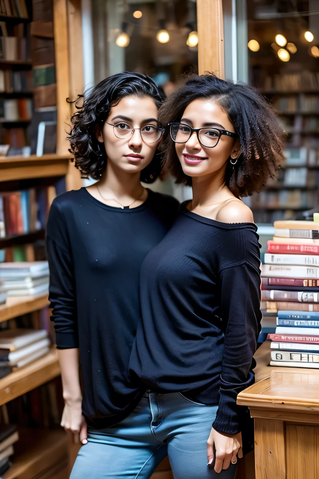 2heads, female couple, age 28, two heads on one body, one torso, hipsters, middle eastern, curly hair, hipster fashion, in bookstore,