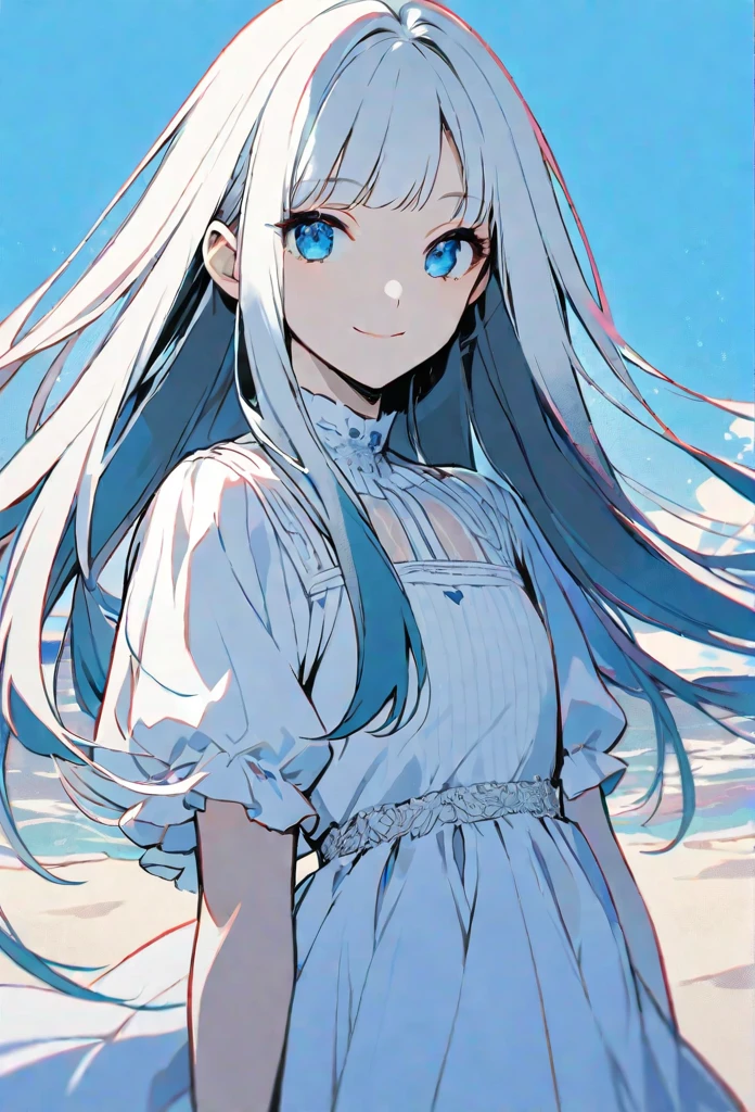 solo,handsome, monotone,
1. Female,
,Straight Hair,long Hair,, silver hair,
Kazuka Nakano ,
Light blue eyes,Soft look,
beautiful,ta,Darkness, Russian,
smile,skin, Blue sky, neat and tidy,
White casual dress,
simple background ,
beach background,