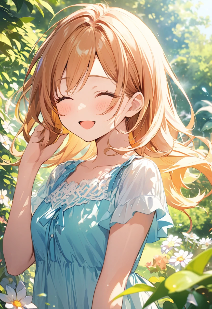 (Highest quality,high resolution:1.2), bright colors, garden, sunny day, summer, bright atmosphere, one woman, Beautiful, attention to detail, Long eyelashes, ((Close your eyes., happy expression)), flowing hair, summer色のドレス, short hair, cowboy shoot