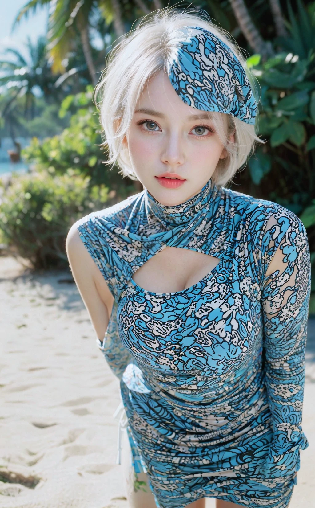 ((RAW photo), absurdities, (absurdresolution)), masterpiece, best quality, (Extremely detailed 8k unity CG wallpaper), (best illustration), (best shadow), absurdities, Realistic lighting, beautiful detailed glow, (young woman, beautiful face, perfect), (bright white short hair), ((defined blue pupils, makeup)), ((short tight dress, black thighs)), ((sitting on chair with legs spread)), (tiny rose tattoo on chest), ((background: gas station in the desert)), (((taking a selfie))), (Aerial perspective, from cell phone camera)