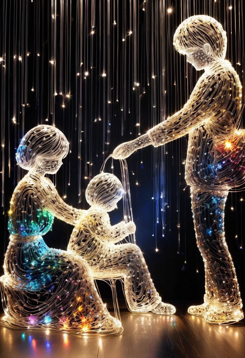 Crystal lighting effect Lights made of small colored stones combined with human shaped beam layer wire saw , firework、A tender and gentle scene,It is skillfully shaped with thin rays of light...The background is a shiny black wall