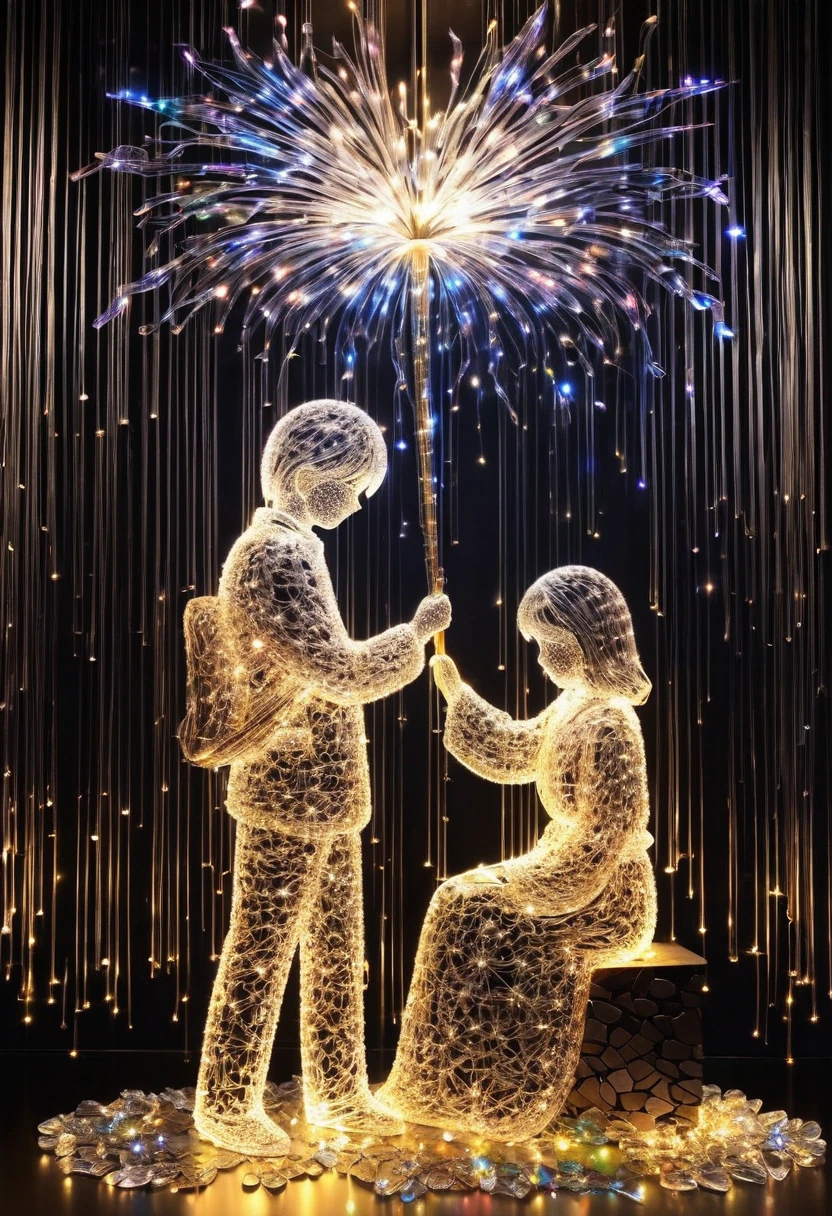 Crystal lighting effect Lights made of small colored stones combined with human shaped beam layer wire saw , firework、A tender and gentle scene,It is skillfully shaped with thin rays of light...The background is a shiny black wall