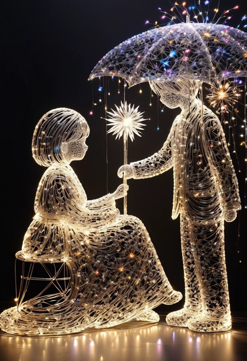 Crystal lighting effect Lights made of small colored stones combined with human shaped beam layer wire saw , firework、A tender and gentle scene，It is skillfully shaped with thin rays of light...The background is a shiny black wall